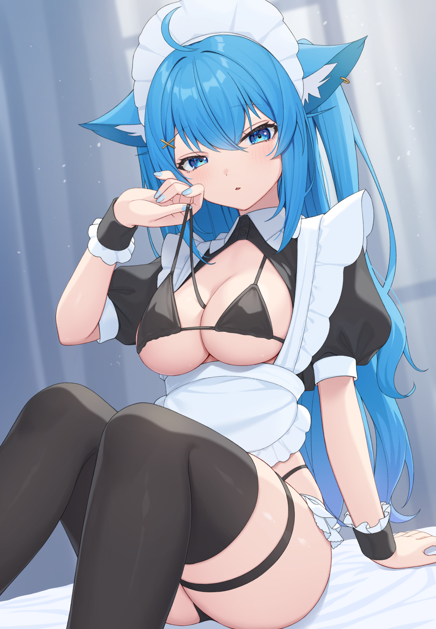 nishino eri, souya ichika, nanashi inc., highres, 1girl, ahoge, animal ears, apron, bikini, black bikini, black shrug, black thighhighs, blue eyes, blue hair, breasts, cat ears, cleavage, hair ornament, long hair, looking at viewer, maid, maid apron, maid headdress, medium breasts, open clothes, parted lips, short sleeves, shrug (clothing), sitting, solo, string bikini, swimsuit, thigh strap, thighhighs, two side up, unconventional maid, untied bikini, virtual youtuber, wrist cuffs, x hair ornament