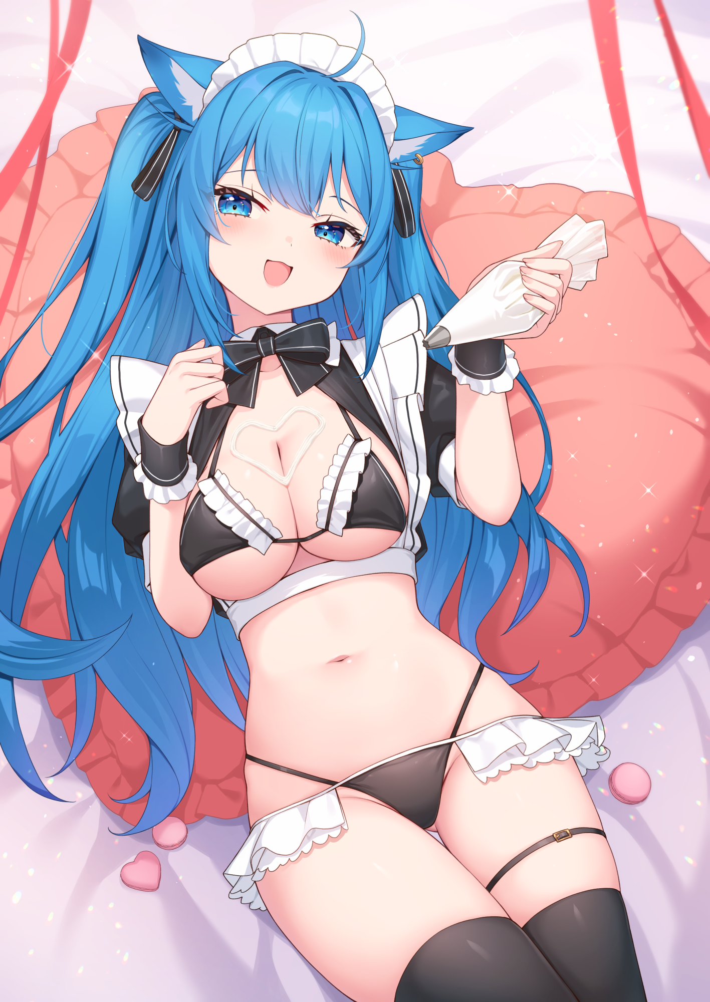 nishino eri, souya ichika, nanashi inc., commentary, highres, symbol-only commentary, 1girl, ahoge, animal ear fluff, animal ear piercing, animal ears, bikini, black bikini, black bow, black bowtie, black thighhighs, blue eyes, blue hair, blush, bow, bowtie, breasts, cleavage, cowboy shot, cream on breasts, crop top, dog ears, dog girl, earrings, food, framed breasts, gluteal fold, highleg, highleg bikini, icing, jewelry, large breasts, long hair, looking at viewer, macaron, maid, maid bikini, maid headdress, navel, no pants, open mouth, pastry bag, shrug (clothing), single earring, skindentation, smile, solo, stomach, string bikini, swimsuit, thigh gap, thigh strap, thighhighs, two side up, unconventional maid, very long hair, virtual youtuber