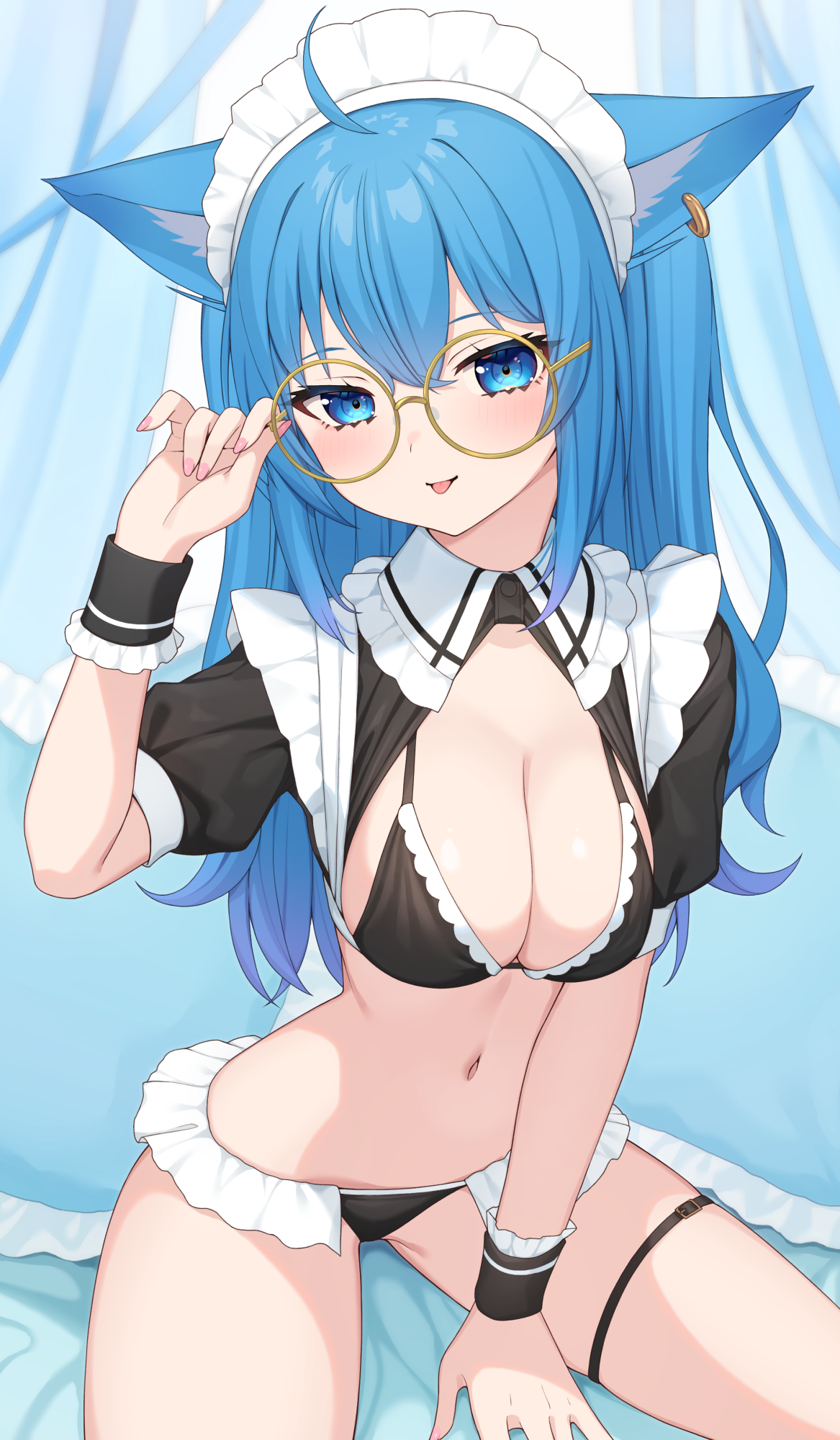 nishino eri, souya ichika, nanashi inc., highres, 1girl, adjusting eyewear, ahoge, animal ears, between legs, bikini, black bikini, black shrug, blue eyes, blue hair, cat ears, closed mouth, crop top, framed breasts, frilled bikini, frills, glasses, hand between legs, hand on eyewear, hand up, long hair, looking at viewer, maid, maid bikini, maid headdress, navel, no pants, round eyewear, short sleeves, shrug (clothing), sitting, smile, solo, stomach, string bikini, swimsuit, thigh strap, thighs, tongue, tongue out, unconventional maid, virtual youtuber, wing collar, wrist cuffs, yellow-framed eyewear