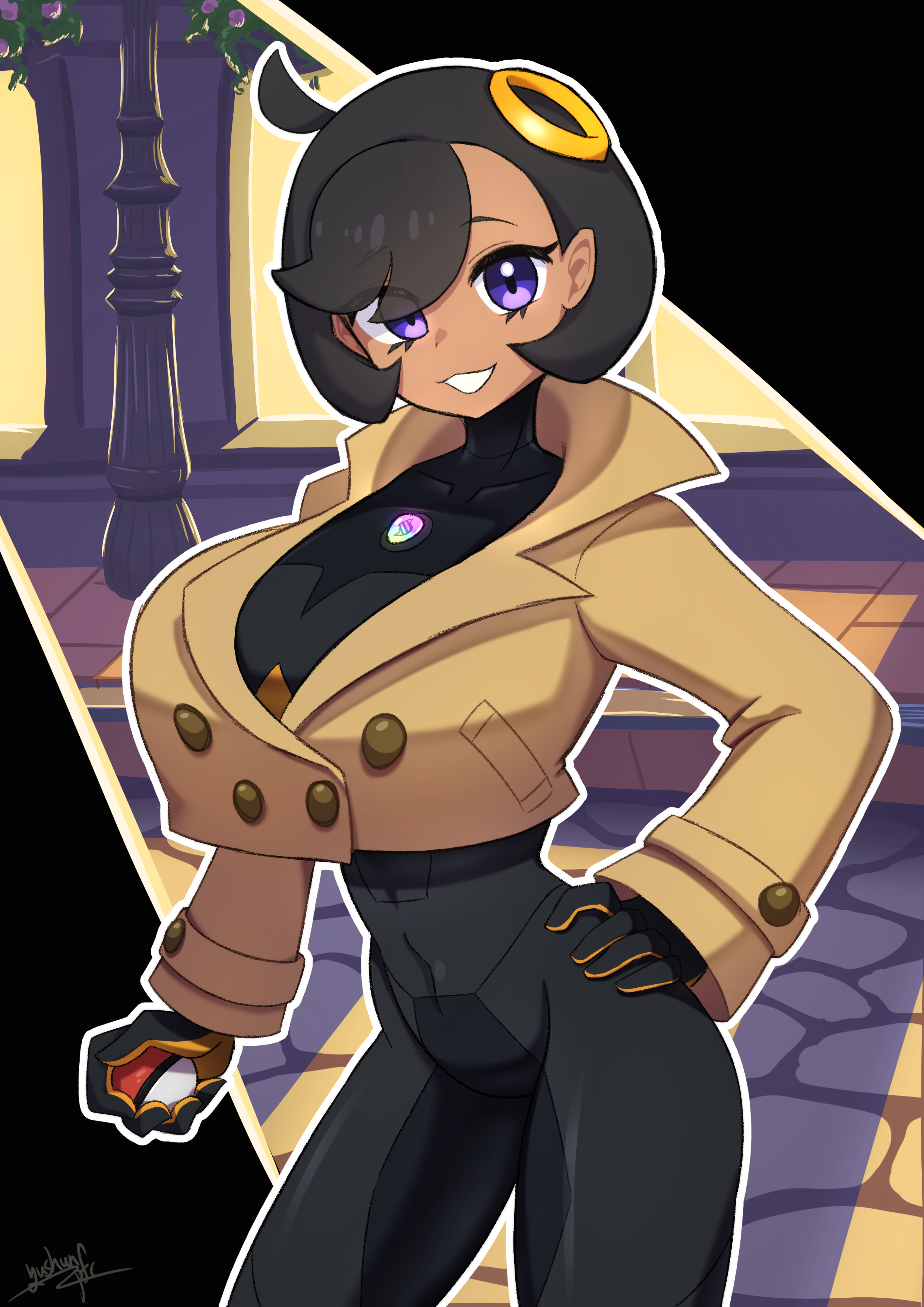 emma (pokemon), nintendo, pokemon, pokemon legends: z-a, absurdres, commentary, highres, 1girl, alternate breast size (larger), black bodysuit, black gloves, black hair, bodysuit, breasts, brown jacket, covered collarbone, covered navel, cowboy shot, dark-skinned female, dark skin, gloves, grin, groin, hair between eyes, hair ornament, hand on own hip, holding, holding poke ball, huge breasts, jacket, looking at viewer, lumiose city, mega stone, night, orange gloves, poke ball, poke ball (basic), purple eyes, short hair, sidelocks, signature, smile, solo, standing, stomach, swept bangs, yushun (vymv3774)