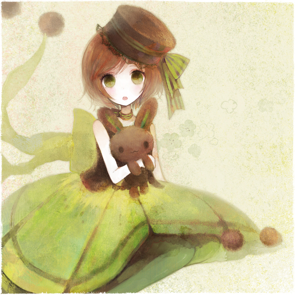 pechika, princess kiwi, adventure time, cartoon network, bad id, bad pixiv id, 1girl, brown hair, chibi, choker, dress, female focus, food, fruit, green eyes, hat, kiwi (fruit), rabbit, ribbon, short hair, solo, thighhighs