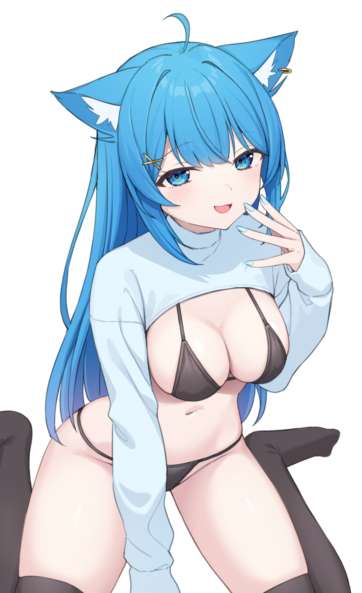 nishino eri, souya ichika, nanashi inc., highres, 1girl, ahoge, animal ears, between legs, bikini, black bikini, black thighhighs, blue eyes, blue hair, blue nails, cat ears, hair ornament, hand between legs, hand up, long hair, long sleeves, looking at viewer, nail polish, navel, no pants, no shoes, open mouth, shrug (clothing), simple background, sitting, smile, solo, stomach, string bikini, swimsuit, thighhighs, thighs, turtleneck, virtual youtuber, wariza, white background, white shrug, x hair ornament