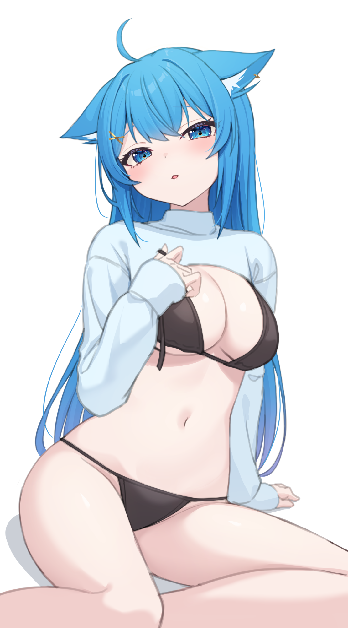nishino eri, souya ichika, nanashi inc., highres, 1girl, ahoge, animal ears, bikini, black bikini, blue eyes, blue hair, breasts, cat ears, cleavage, hair ornament, hand on own chest, large breasts, long hair, long sleeves, looking at viewer, navel, no pants, open clothes, parted lips, shrug (clothing), simple background, sitting, solo, stomach, string bikini, swimsuit, thighs, untied bikini, virtual youtuber, white background, white shrug, x hair ornament