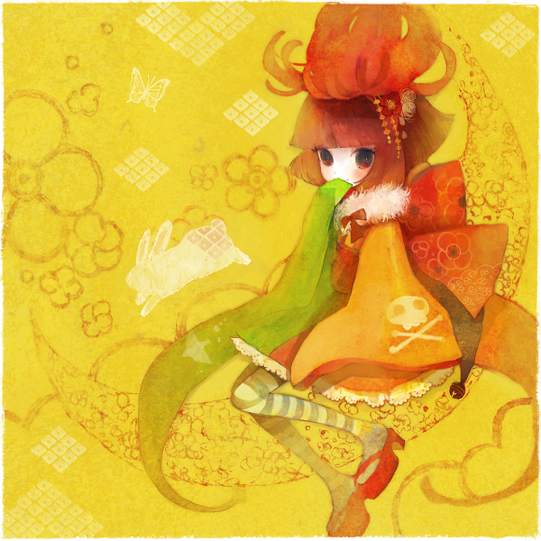 pechika, bad id, bad pixiv id, brown eyes, brown hair, chibi, dress, flower, rabbit, ribbon, skull, solo, thighhighs