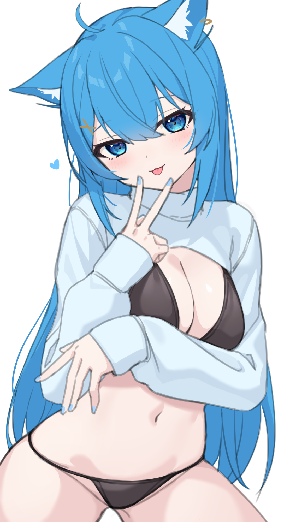 nishino eri, souya ichika, nanashi inc., highres, 1girl, :3, ahoge, animal ears, bikini, black bikini, blue eyes, blue hair, blue nails, breasts, cat ears, cleavage, closed mouth, cowboy shot, hair ornament, hand up, large breasts, long hair, long sleeves, looking at viewer, nail polish, navel, no pants, shrug (clothing), simple background, smile, solo, stomach, string bikini, swimsuit, tongue, tongue out, turtleneck, v, v over mouth, virtual youtuber, white background, white shrug, x hair ornament