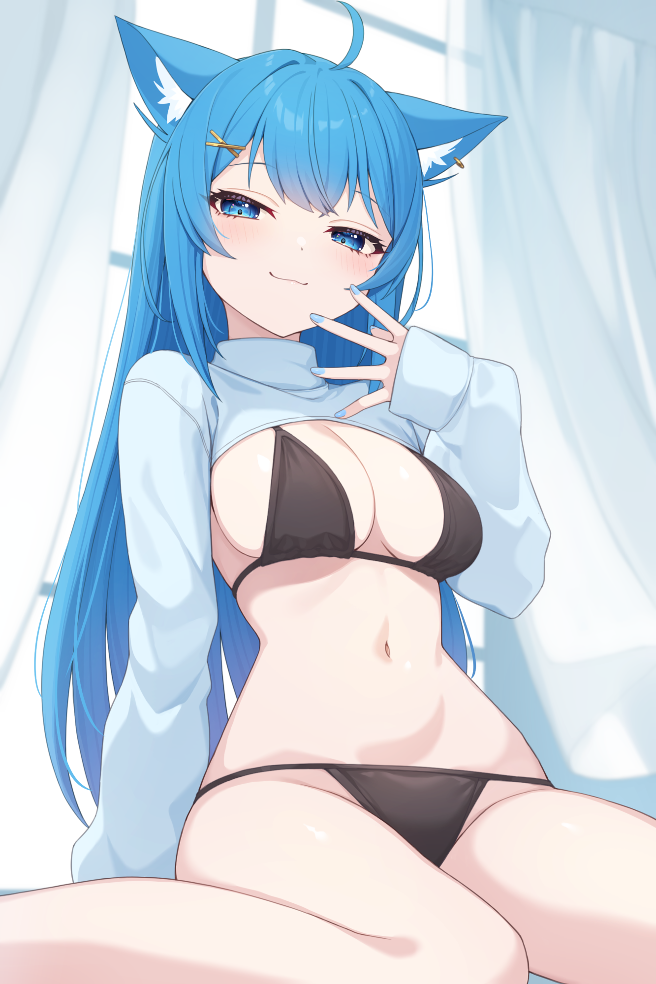nishino eri, souya ichika, nanashi inc., highres, 1girl, :3, ahoge, animal ears, bikini, black bikini, blue eyes, blue hair, blue nails, blue shrug, breasts, cat ears, cleavage, closed mouth, hair ornament, hand up, large breasts, long hair, long sleeves, looking at viewer, nail polish, navel, no pants, shrug (clothing), sitting, smile, solo, stomach, string bikini, swimsuit, thighs, turtleneck, virtual youtuber, x hair ornament