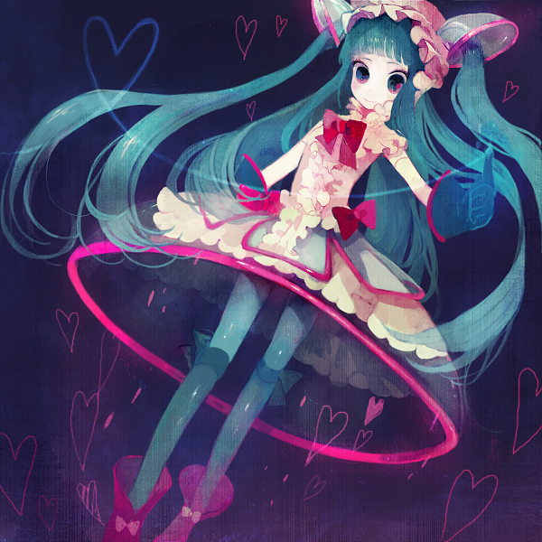 pechika, bad id, bad pixiv id, aqua eyes, aqua hair, dress, gloves, hat, heart, long hair, ribbon, solo, thighhighs, twintails, very long hair