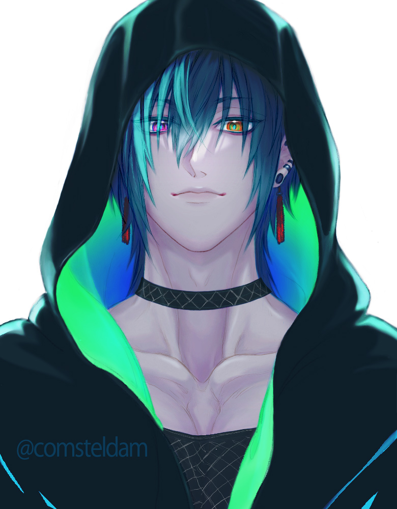 original, commentary request, 1boy, aqua hair, black choker, black hoodie, choker, collarbone, comhiro, ear piercing, earrings, green hoodie, hair between eyes, heterochromia, hood, hoodie, jewelry, light smile, male focus, orange eyes, piercing, portrait, purple eyes, solo, twitter username, two-sided hoodie