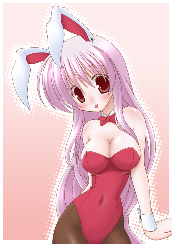 7307, reisen udongein inaba, touhou, bad id, bad pixiv id, 1girl, :p, animal ears, breasts, brown eyes, cleavage, female focus, gradient background, halftone, halftone background, large breasts, long hair, pantyhose, playboy bunny, purple hair, rabbit ears, solo, tongue, tongue out