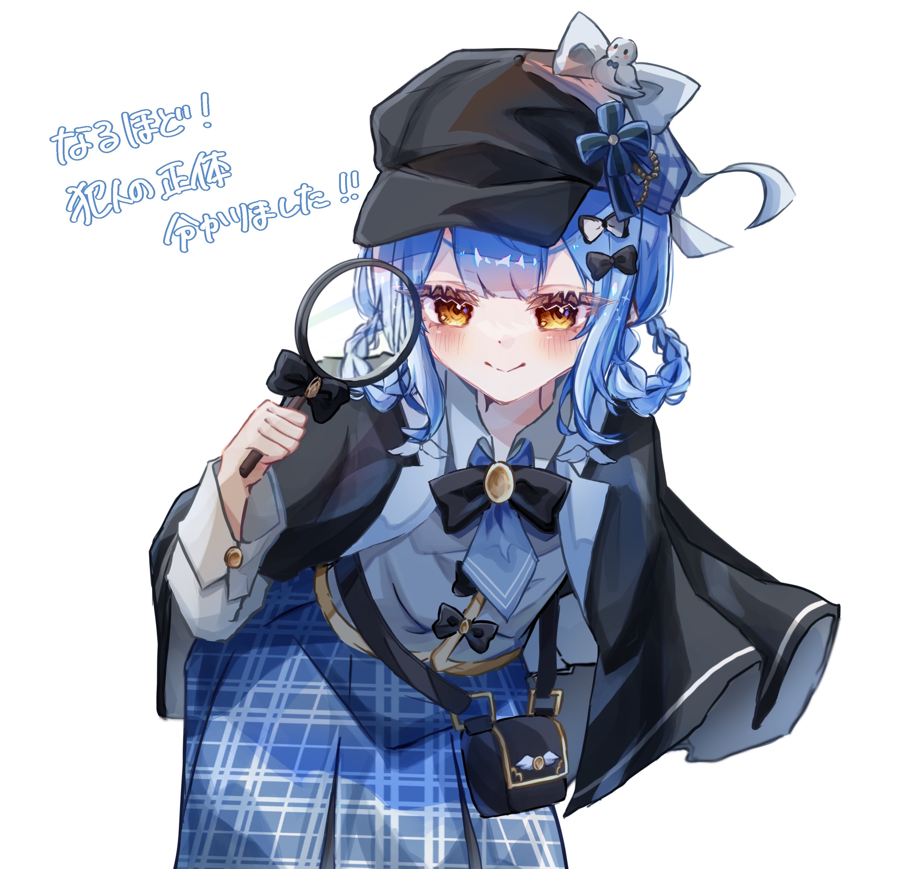 tachibana sherry, mahou shoujo no majo saiban, absurdres, commentary request, highres, translation request, 1girl, bibi (miniminiminni7), black bag, black bow, black capelet, black hat, blue hair, blue necktie, blue skirt, bow, braid, braided hair rings, capelet, closed mouth, collared shirt, cowboy shot, deerstalker, detective, hair bow, hair rings, hat, holding, holding magnifying glass, leaning forward, long sleeves, looking at viewer, magnifying glass, necktie, plaid clothes, plaid skirt, pleated skirt, shirt, short hair, simple background, skirt, smile, solo, standing, white background, white shirt, yellow eyes