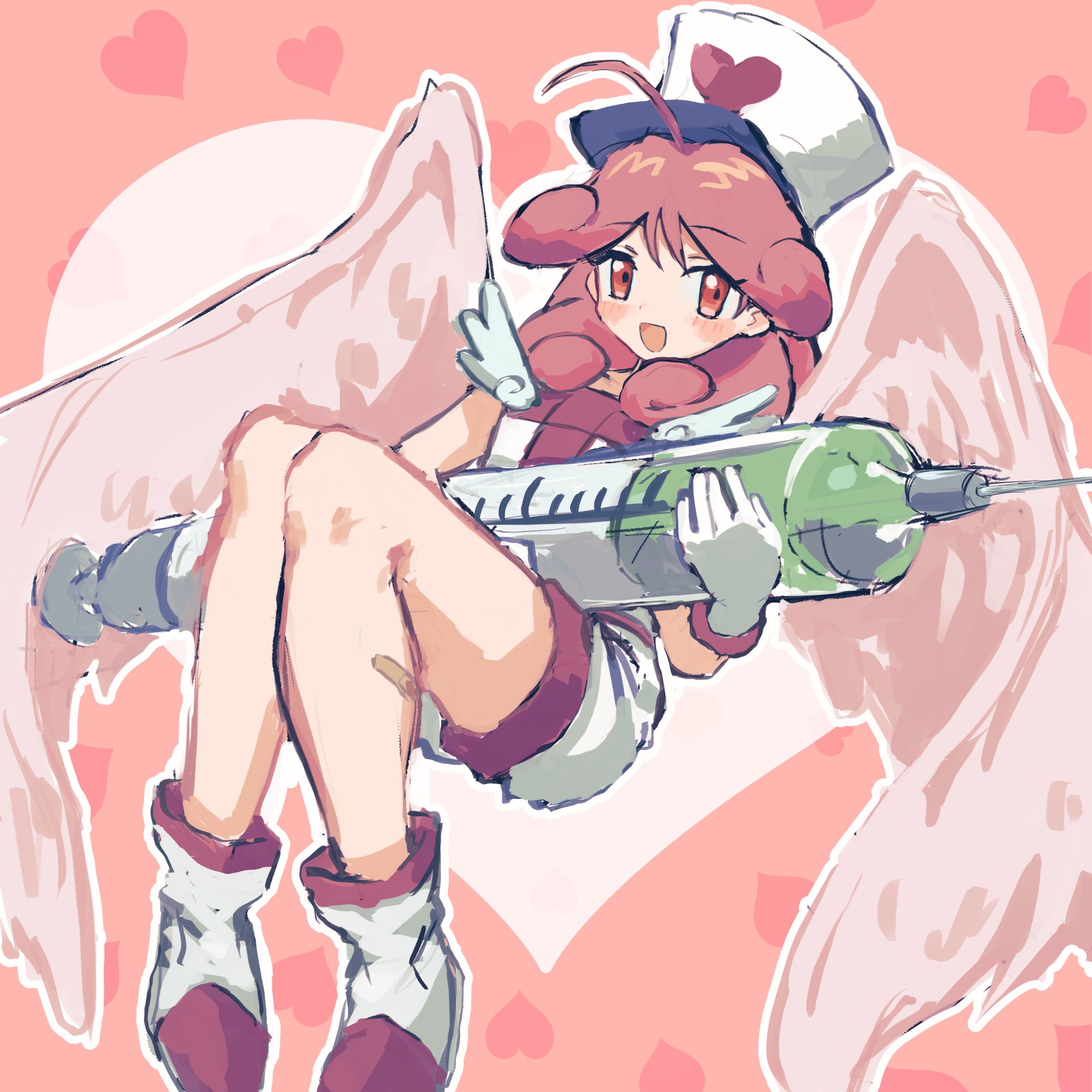 nataro 1116, injection fairy lily, yu-gi-oh!, highres, 1girl, :d, angel, angel wings, bandaid, bandaid on leg, blush, duel monster, gloves, hat, heart, holding, holding syringe, large syringe, looking at viewer, nurse cap, open mouth, oversized object, pink background, pink eyes, pink hair, shoes, smile, solo, syringe, white gloves, white shoes, wings