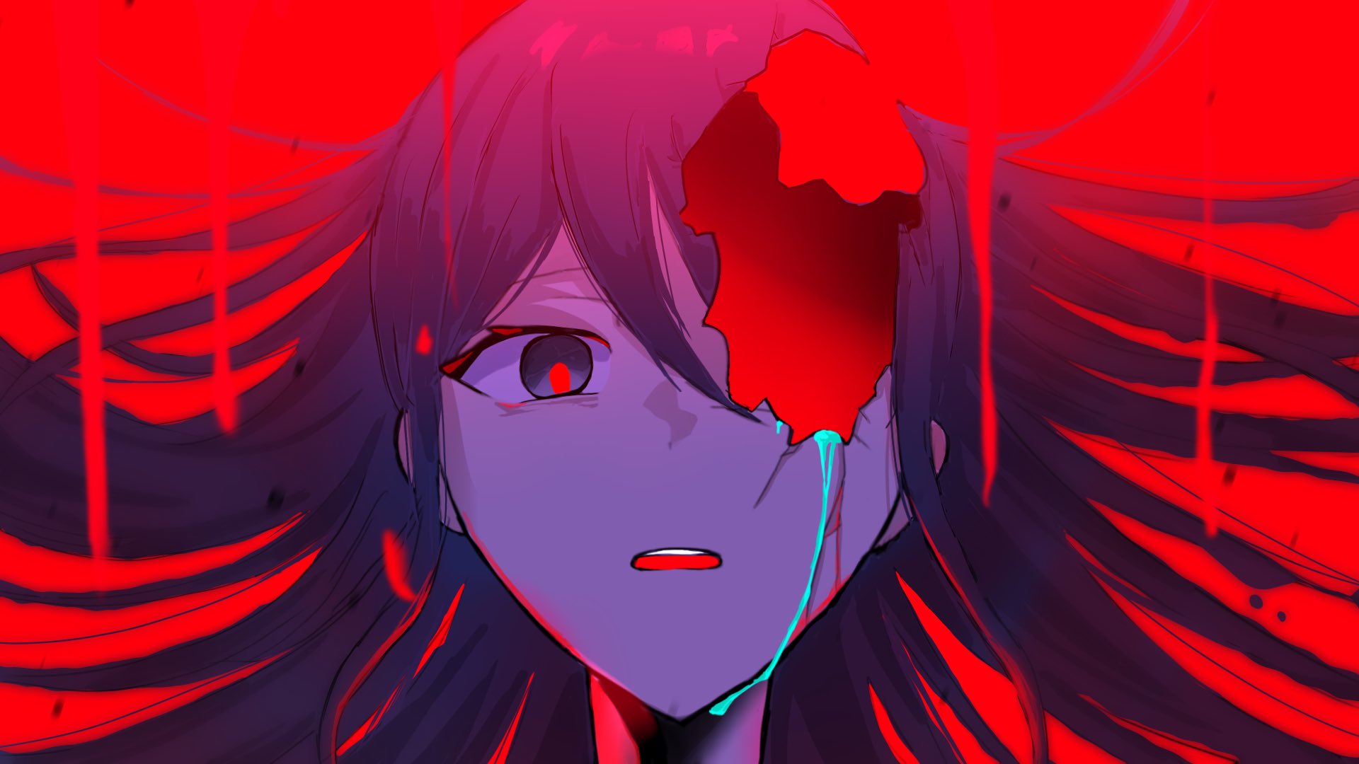 hoshino ichika (project sekai), project sekai, commentary, english commentary, highres, 1 shimochii, 1girl, black hair, close-up, colored tears, cracked skin, crumbling, floating hair, grey eyes, hair between eyes, hole in head, hollow body, long hair, looking at viewer, marshmallow (vocaloid), one-eyed, parted lips, portrait, red background, red pupils, red theme, sidelocks, solo, tears, teeth, upper teeth only