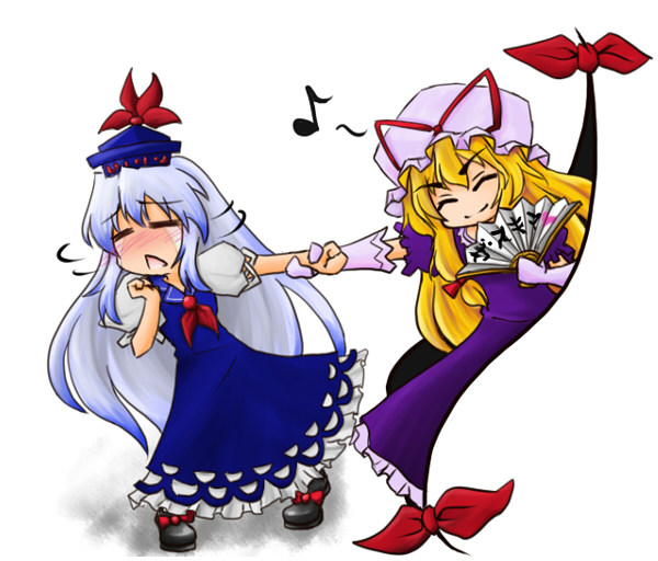 netachou, kamishirasawa keine, yakumo yukari, touhou, 2girls, blonde hair, blue hair, blush, elbow gloves, female focus, folding fan, gap (touhou), gloves, hand fan, hat, long hair, multiple girls, musical note, ribbon, tears