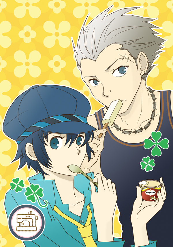 sake asari, shirogane naoto, tatsumi kanji, atlus, persona, persona 4, silver hair, 1boy, 1girl, androgynous, blue eyes, blue hair, clover, couple, earrings, food, four-leaf clover, hat, hetero, ice cream, jewelry, newsboy cap, popsicle, reverse trap, scar, short hair