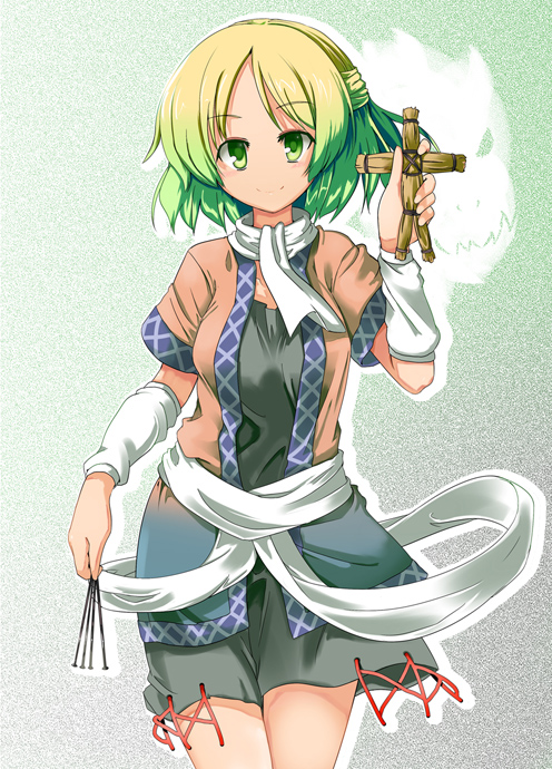 maiku, mizuhashi parsee, touhou, 1girl, blonde hair, female focus, green eyes, half updo, open clothes, scarf, short hair, solo, straw doll
