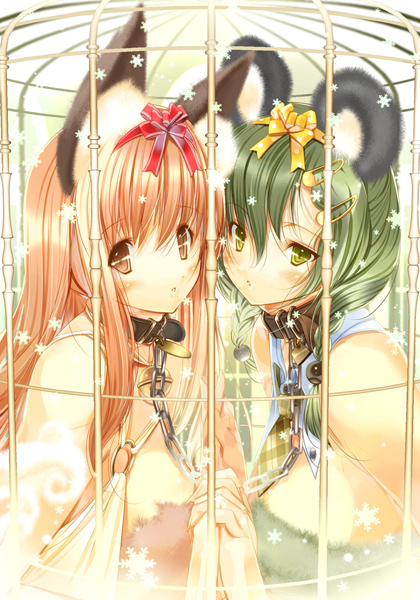 hanpen, puus, animal ears, blush, cage, collar, hair ribbon, hand holding, holding hands, ribbon