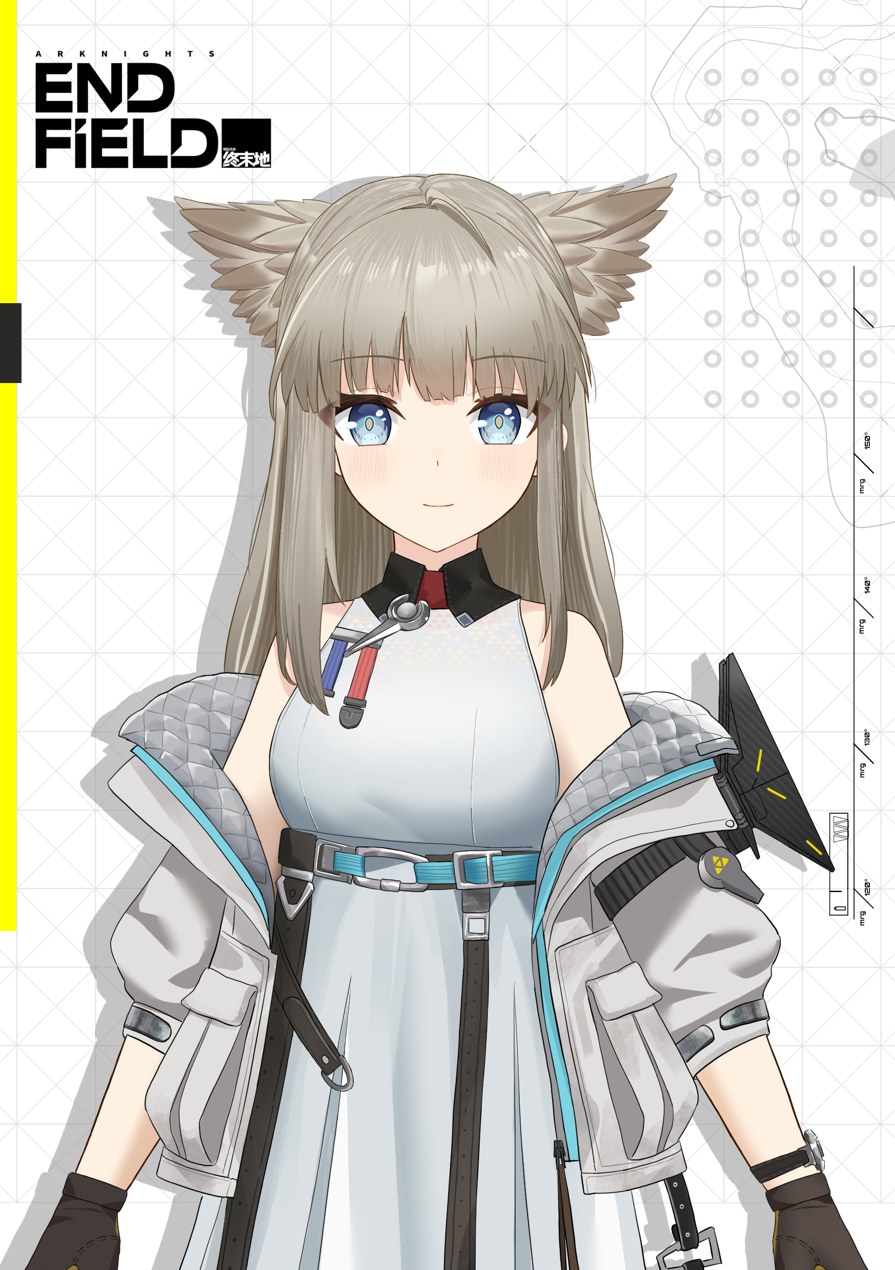 keaworks, perlica (arknights), arknights, arknights: endfield, absurdres, commentary, highres, 1girl, bare shoulders, bird girl, black gloves, blue eyes, breasts, closed mouth, dress, gloves, grey hair, jacket, logo, long hair, looking at viewer, medium breasts, off shoulder, open clothes, open jacket, smile, solo, upper body, white dress, white jacket, yellow pupils