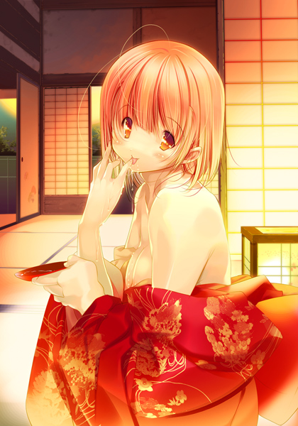 hanpen, puus, 1girl, bare shoulders, blush, breasts, cup, female focus, from side, indoors, japanese clothes, kimono, licking, licking finger, looking at viewer, matching hair/eyes, medium breasts, nipple slip, nipples, no bra, off shoulder, orange eyes, orange hair, sakazuki, short hair, shouji, sliding doors, smile, solo, tatami, tongue, tongue out