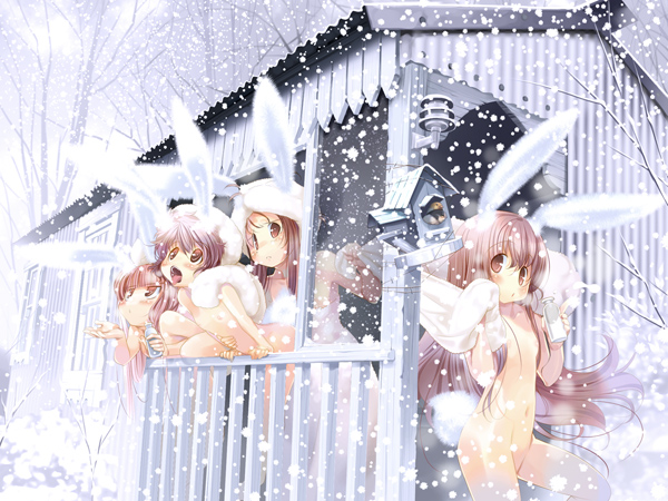 hanpen, puus, 4girls, animal ears, bare tree, bottle, brown eyes, brown hair, flat chest, holding, long hair, looking at viewer, looking up, multiple girls, nipples, nude, open mouth, outdoors, rabbit ears, snow, snowing, tree, winter, zenra