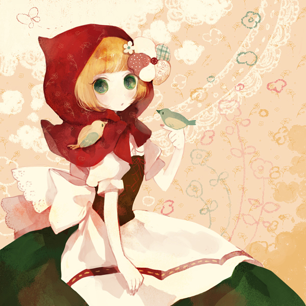 pechika, little red riding hood (fairy tale character), little red riding hood (fairy tale), bad id, bad pixiv id, 1girl, animal, animal on shoulder, bird, bird on hand, bird on shoulder, blonde hair, dress, female focus, flower, green eyes, holding, hood, ribbon, short hair, solo