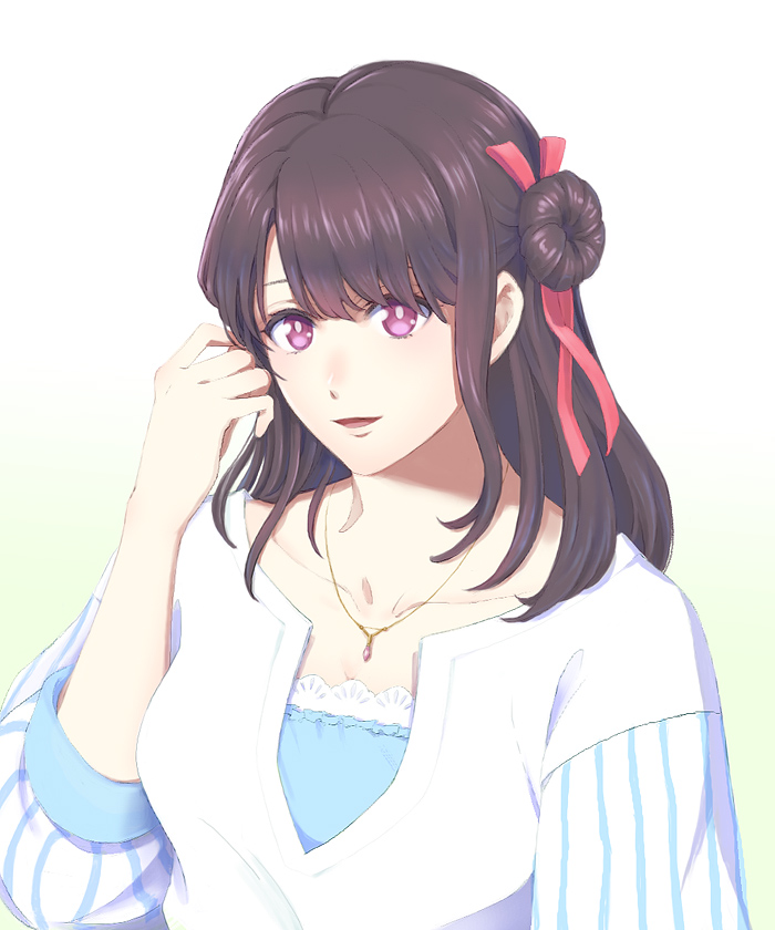 the king of fighters, commentary request, 1girl, breasts, brown hair, cleavage, collarbone, comhiro, donut hair bun, eyebrows hidden by hair, hair bun, hair ribbon, jewelry, medium breasts, mitsumine yukari, necklace, open mouth, purple eyes, ribbon, single side bun, smile, solo, the king of fighters for girls, upper body