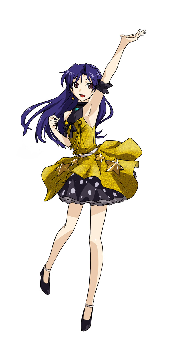 michael f91, kisaragi chihaya, idolmaster, idolmaster (classic), live for venus, highres, 00s, 1girl, :d, arm garter, arm up, bare shoulders, belt, belt buckle, black ribbon, black shoes, brown eyes, buckle, dress, earrings, female focus, flat chest, full body, heart, jewelry, layered dress, long hair, looking at viewer, no socks, open mouth, ribbon, shiny skin, shoes, simple background, sleeveless, sleeveless dress, smile, solo, standing, star (symbol), star earrings, white background, yellow dress