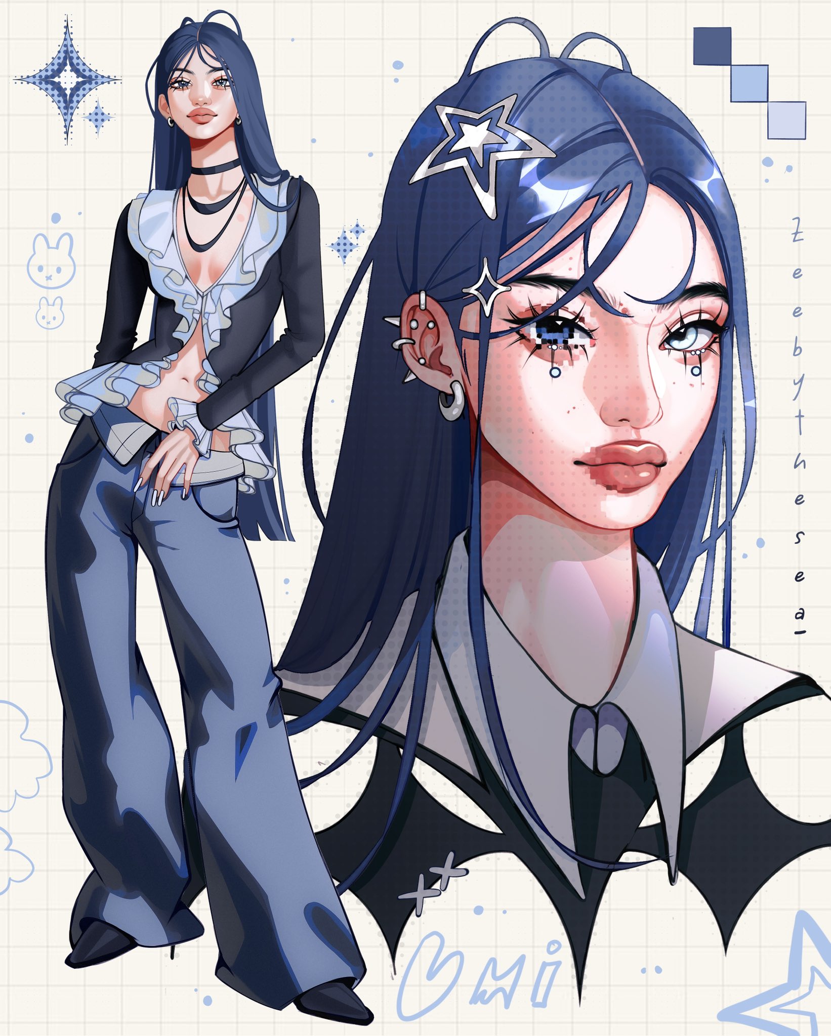 zeebythesea, umi (zeebythesea), original, highres, 1girl, aegyo sal, arm behind back, artist name, asian, baggy pants, black shirt, black shoes, blue eyes, blue hair, character name, collared shirt, color guide, cropped head, denim, earrings, eyelashes, fashion, flapper shirt, forehead, four-pointed star, frilled shirt, frilled sleeves, frills, full body, grid background, hair around neck, hair behind ear, hair ornament, halftone, heterochromia, high heels, jeans, jewelry, light smile, long hair, looking at viewer, midriff, mole, mole on cheek, mole on forehead, mole under each eye, mole under eye, multiple moles, multiple views, navel, pants, parted bangs, pixelated, shirt, shoes, spiked ear piercing, star (symbol), star hair ornament, straight hair, streetwear, thick eyebrows, thick lips, tight clothes, tight shirt, v-neck, very long hair, white background, white nails