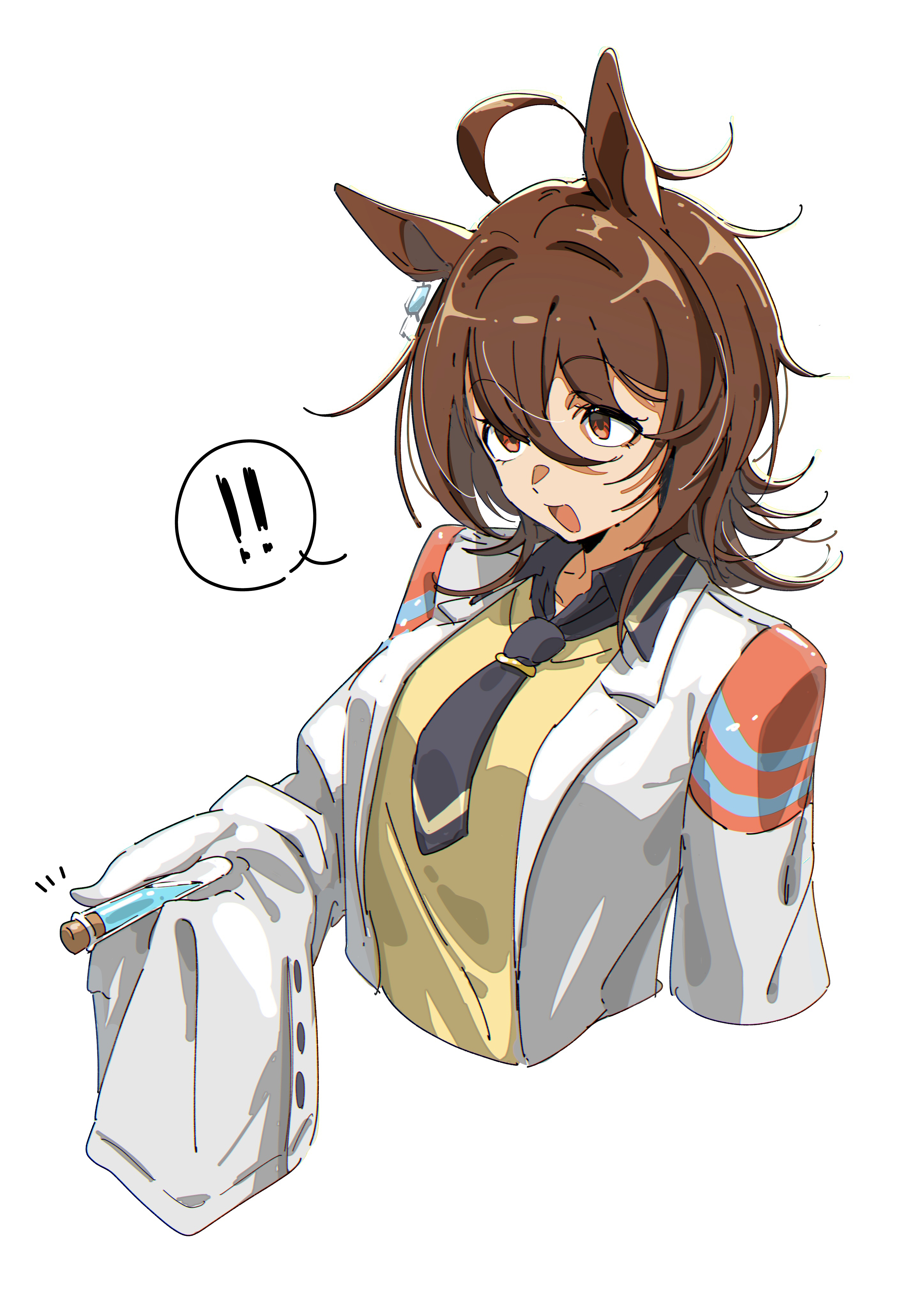 ohayonabeno, agnes tachyon (tach-nology) (umamusume), agnes tachyon (umamusume), umamusume, absurdres, highres, !, !!, 1girl, ahoge, animal ears, brown hair, coat, cork, cropped torso, earrings, hair between eyes, holding, holding test tube, horse ears, horse girl, huge ahoge, jewelry, lab coat, long sleeves, looking at viewer, medium hair, necktie, open mouth, red eyes, short necktie, simple background, single earring, sleeves past fingers, sleeves past wrists, solo, speech bubble, sweater, test tube, white background, white coat, yellow sweater
