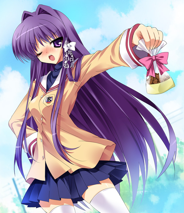 paco, fujibayashi kyou, clannad, 00s, 1girl, blush, chocolate, female focus, gift, holding, holding gift, long hair, long sleeves, one eye closed, open mouth, purple eyes, purple hair, school uniform, solo, thighhighs, tsundere, valentine, very long hair, wink