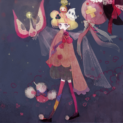 pechika, budew, cherubi, drifblim, jumpluff, masquerain, nintendo, pokemon, bad id, bad pixiv id, lowres, 1girl, blonde hair, blue eyes, flower, gen 2 pokemon, gen 3 pokemon, gen 4 pokemon, pokemon (creature), short hair, smile, thighhighs