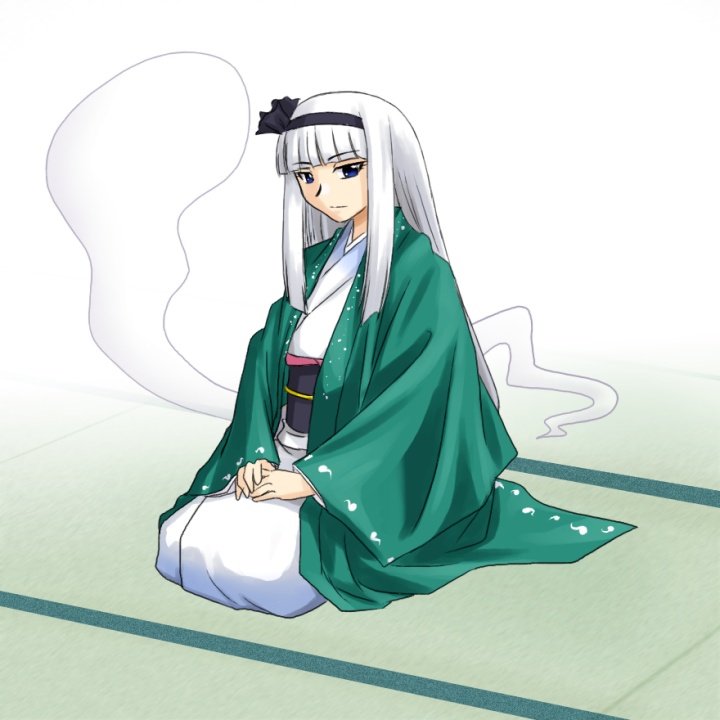 supon, konpaku youmu, konpaku youmu (ghost), touhou, silver hair, 1girl, aged up, alternate hairstyle, blue eyes, female focus, hairband, hitodama, japanese clothes, long hair, seiza, sitting, solo