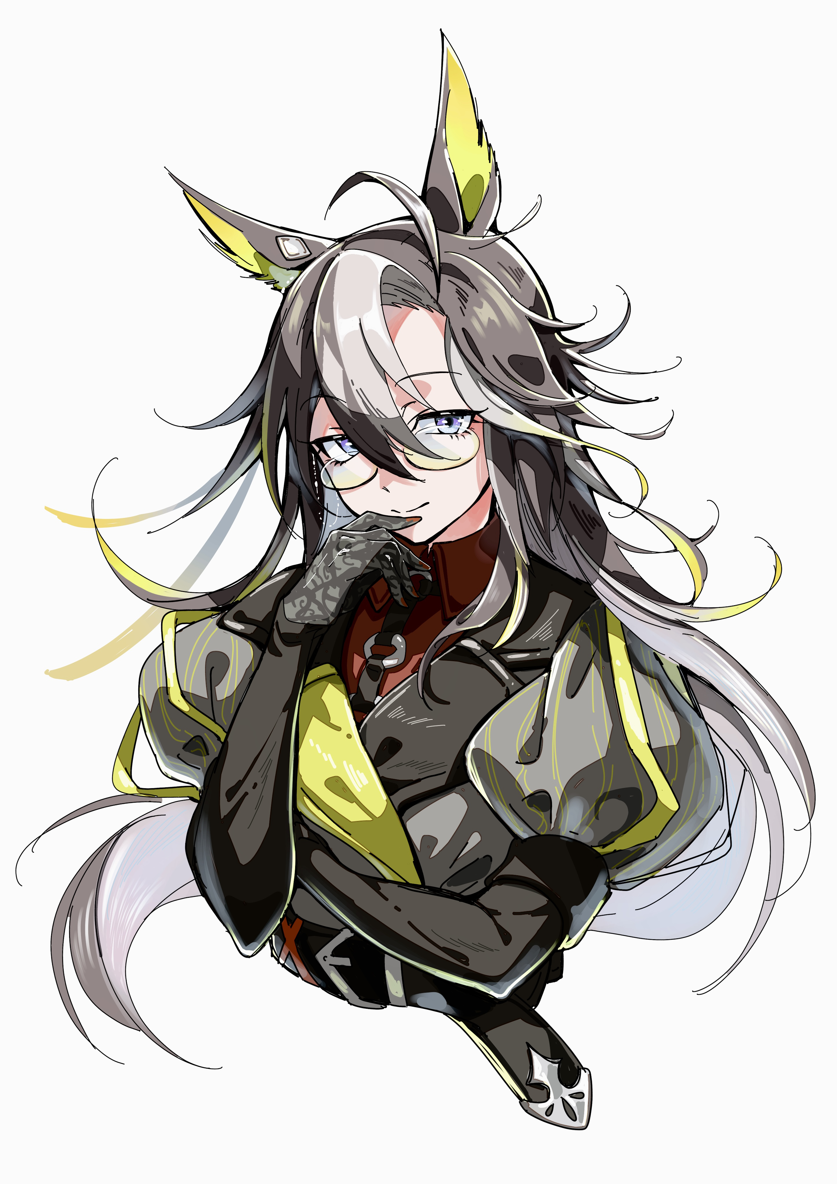 ohayonabeno, dream journey (reminder of dreamland) (umamusume), dream journey (umamusume), umamusume, absurdres, commentary request, highres, 1girl, animal ears, belt, black hair, collared shirt, cropped torso, glasses, gloves, grey hair, hand on own chin, horse ears, horse girl, jacket, long hair, multicolored hair, necktie, puffy short sleeves, puffy sleeves, purple eyes, sash, shirt, short sleeves, smile, solo, very long hair