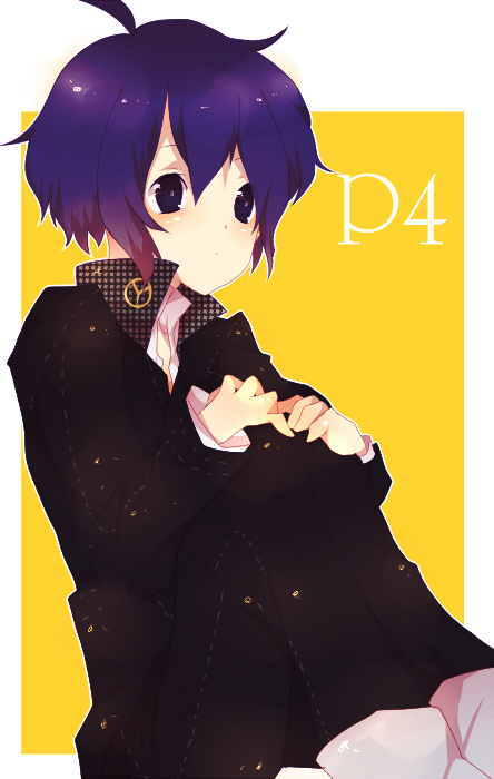 yuhiko, shirogane naoto, atlus, persona, persona 4, 1girl, ahoge, blue eyes, blue hair, blush, collar, copyright name, cowboy shot, crossdressing, crossdressing (ftm), female focus, gakuran, knees to chest, long sleeves, looking at viewer, matching hair/eyes, pants, school uniform, short hair, sitting, solo, tareme, yellow background