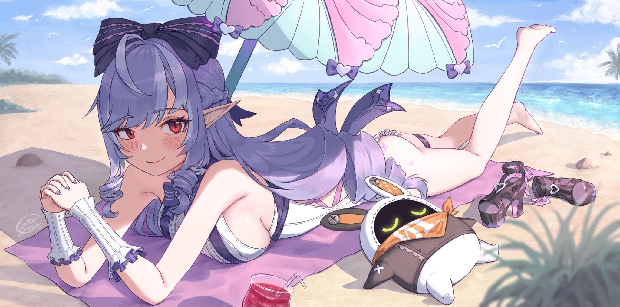 butter spoon, eous (zenless zone zero), vivian banshee, vivian banshee (iris of the shore), zenless zone zero, highres, 1girl, ahoge, artist name, ass, barefoot, beach, beach towel, blue sky, blurry, blush, bow, breasts, depth of field, drill hair, hair bow, high heels, large breasts, legs, looking at viewer, lying, ocean, on stomach, own hands clasped, own hands together, parasol, pointy ears, purple hair, red eyes, shoes, sideboob, signature, simple bird, skindentation, sky, smile, sticker on ass, swimsuit, thigh strap, towel, umbrella, unworn shoes