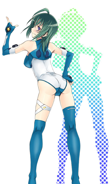 satou atsuki, kannagi itsuki, sora wo kakeru shoujo, 00s, 1girl, ahoge, ass, blue thighhighs, blush, breasts, female focus, from behind, green hair, leaning forward, leotard, short hair, skin tight, solo, standing, thigh strap, thighhighs, zoom layer