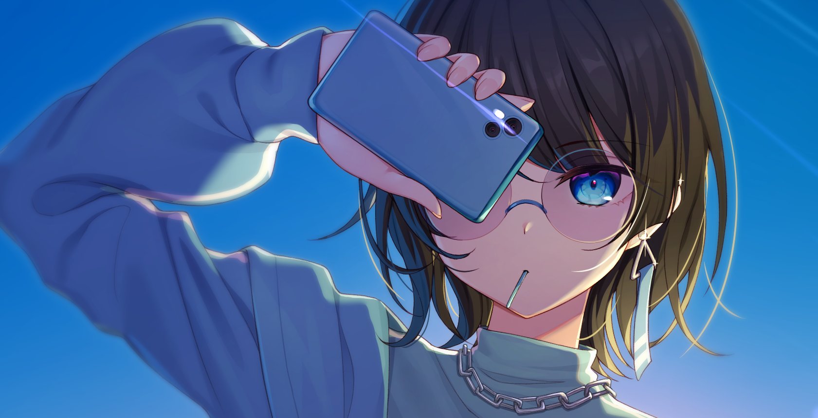 nishino eri, original, commentary, highres, symbol-only commentary, 1girl, arm up, backlighting, black hair, blue eyes, blue jacket, cellphone, chain, chain necklace, covering face, covering one eye, earrings, holding, holding phone, jacket, jewelry, long sleeves, looking at viewer, medium hair, mouth hold, necklace, phone, phone over face, rimless eyewear, round eyewear, smartphone, solo, sunglasses, upper body