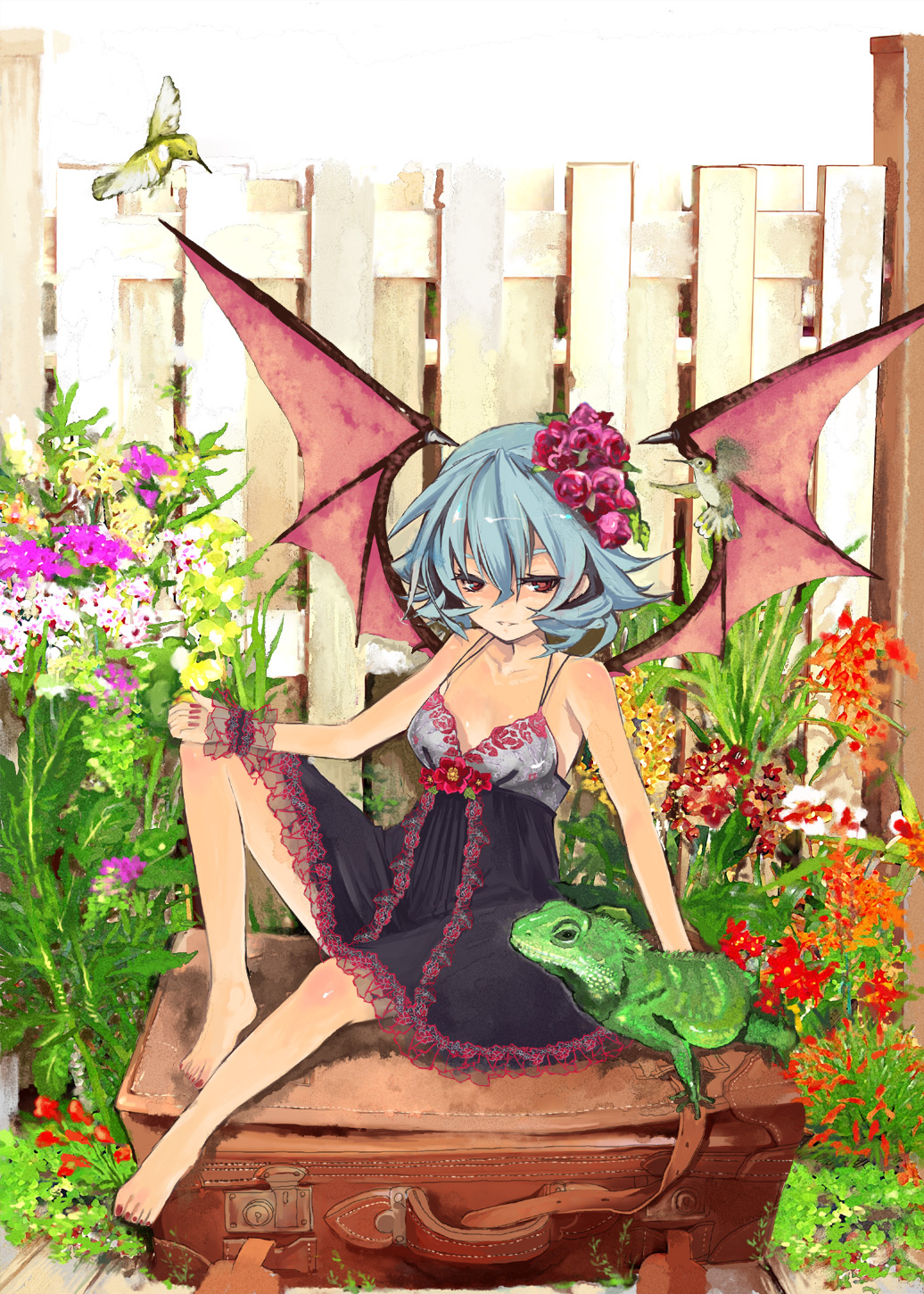 shizumi satou, siskin, remilia scarlet, touhou, bad id, bad pixiv id, highres, 1girl, alternate costume, bare shoulders, barefoot, bat wings, bird, blue hair, dress, dress flower, feet, female focus, flower, lizard, nail polish, red eyes, red nails, solo, suitcase, toenail polish, toenails, wings