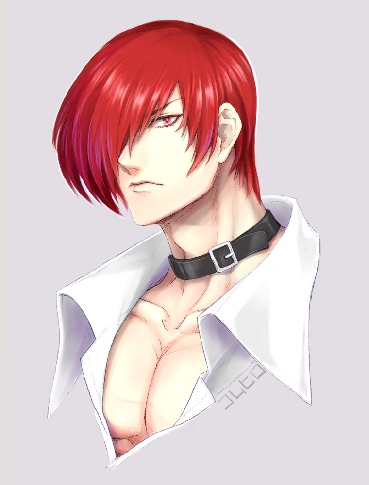 yagami iori, the king of fighters, commentary request, 1boy, black collar, collar, comhiro, frown, hair over one eye, large pectorals, male focus, pectorals, portrait, red eyes, red hair, signature, solo, the king of fighters for girls