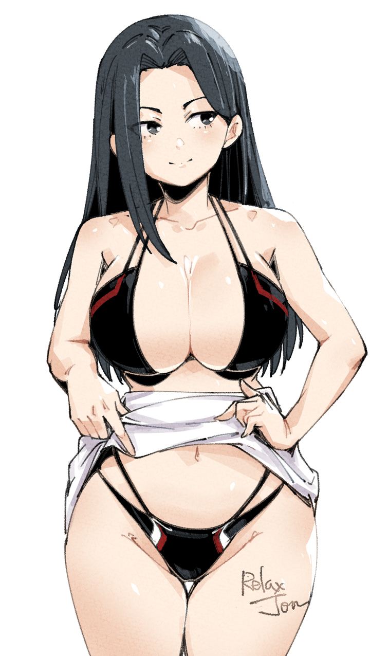 relaxjon, yaoyorozu momo, boku no hero academia, commentary, highres, 1girl, bikini, black bikini, black eyes, black hair, breasts, cleavage, closed mouth, clothes lift, collarbone, cowboy shot, large breasts, lifting own clothes, long hair, navel, sideways glance, simple background, skirt, skirt lift, smile, solo, standing, stomach, straight hair, swimsuit, thigh gap, very long hair, white background