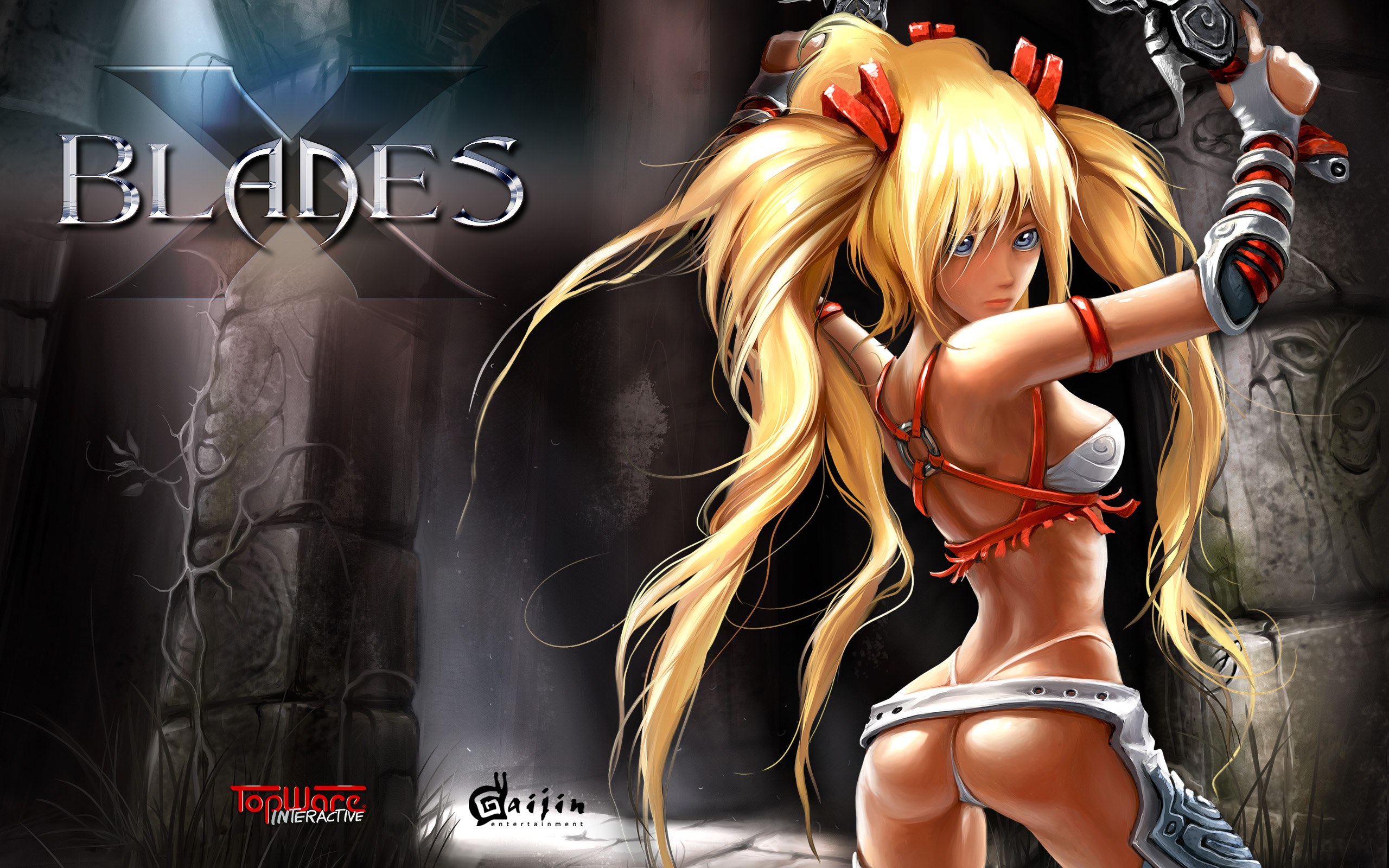 anna ignatieva, ayumi (x-blades), x-blades, highres, official art, 1girl, ass, blonde hair, blue eyes, chaps, dark-skinned female, dark skin, elbow gloves, female focus, gloves, long hair, looking back, panties, quad tails, solo, thong, tri tails, underwear, very long hair