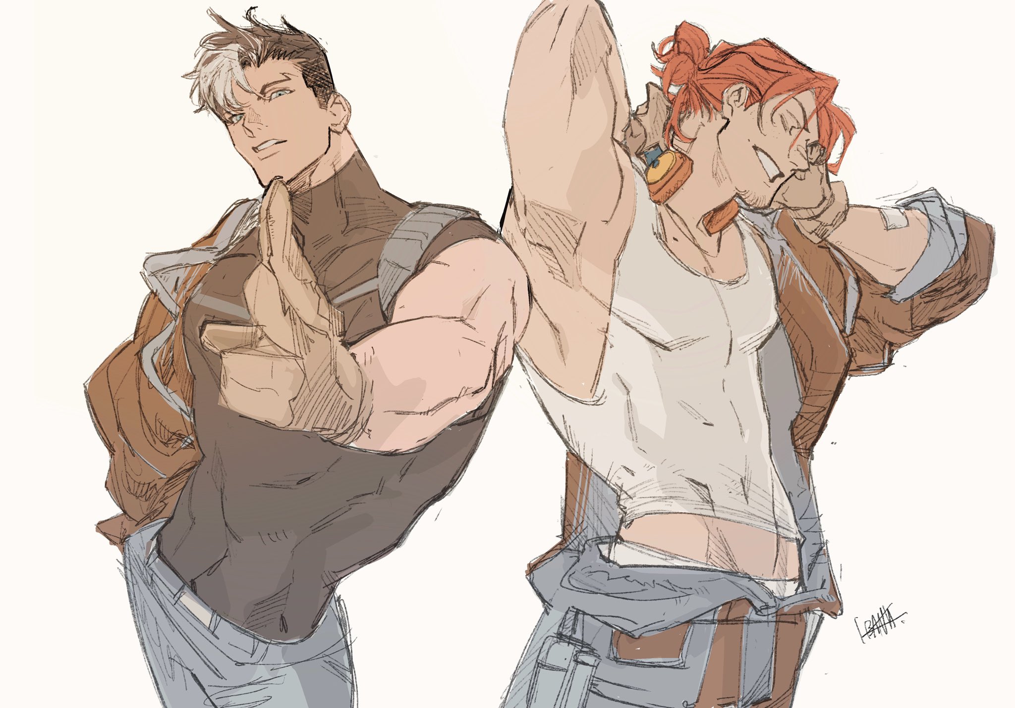tokitokororo, jason todd, roy harper, batman (series), dc comics, highres, 2boys, belt, black hair, blue eyes, brown jacket, gloves, jacket, male focus, multiple boys, muscular, muscular male, orange hair, pants, red hood and the outlaws, short hair, smile