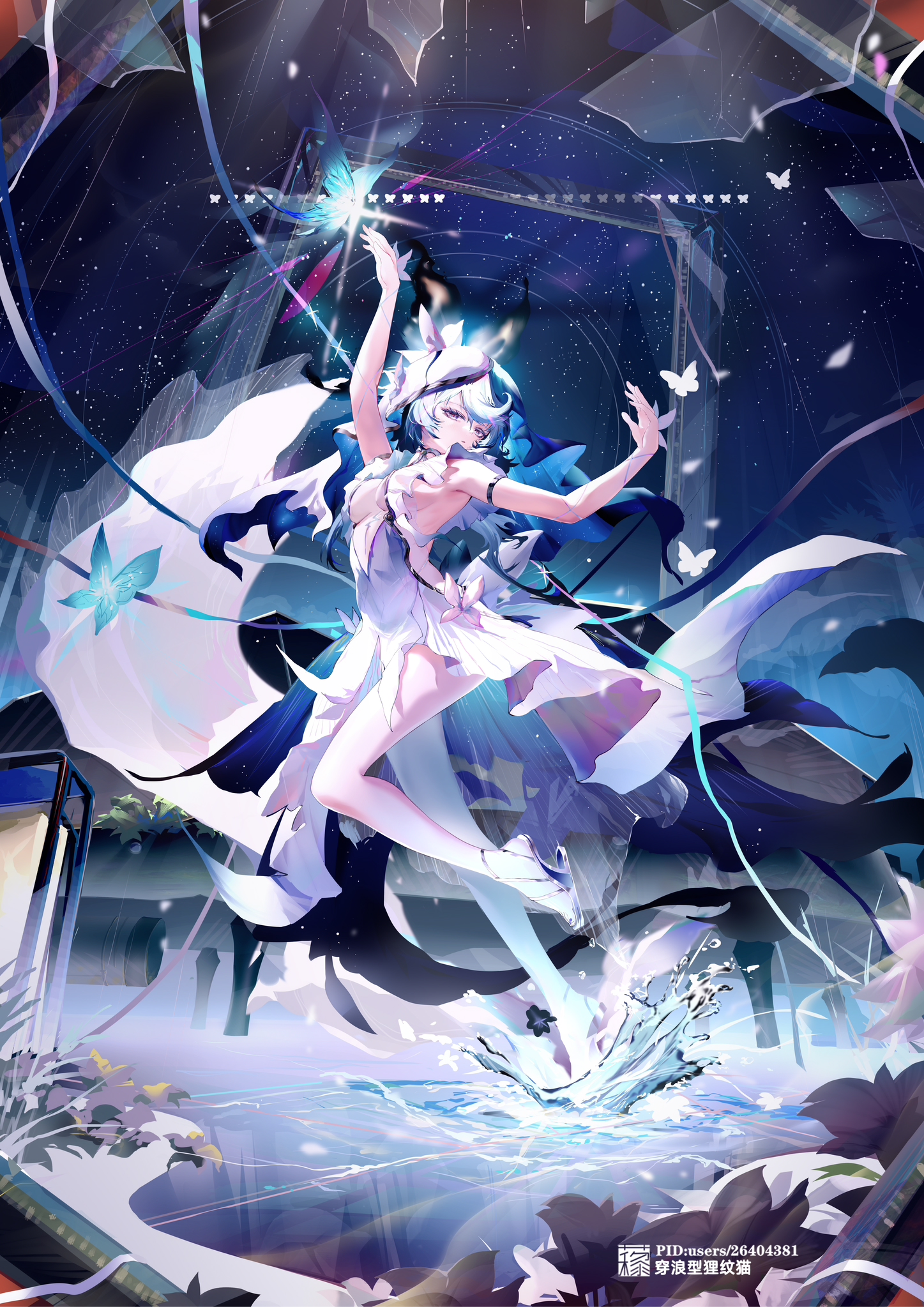 liwendala, shorekeeper (wuthering waves), wuthering waves, chinese commentary, commentary, commentary request, english commentary, highres, mixed-language commentary, partial commentary, 1girl, armlet, arms up, blue butterfly, blue hair, blue veil, breasts, bug, butterfly, dress, full body, heel-less heels, insect, jewelry, long hair, medium breasts, solo, two-tone veil, veil, white dress, white veil