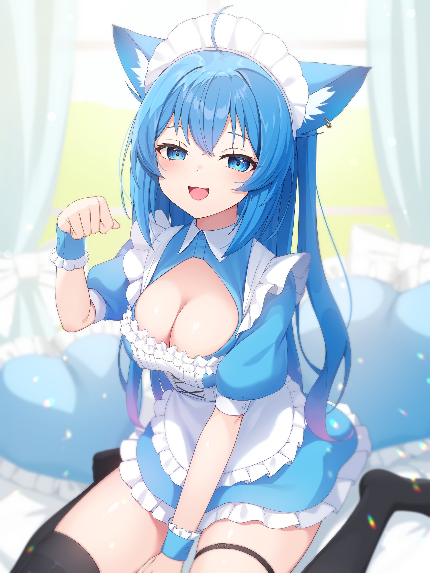 nishino eri, souya ichika, nanashi inc., commentary request, highres, 1girl, :3, ahoge, animal ears, apron, between legs, black thighhighs, blue dress, blue eyes, blue hair, breasts, cat ears, cleavage, cleavage cutout, clothing cutout, dress, gradient hair, hand between legs, hand up, long hair, looking at viewer, maid, maid apron, maid headdress, medium breasts, multicolored hair, no shoes, open mouth, paw pose, short sleeves, sitting, smile, solo, thigh strap, thighhighs, very long hair, virtual youtuber, wariza, wing collar, wrist cuffs, zettai ryouiki