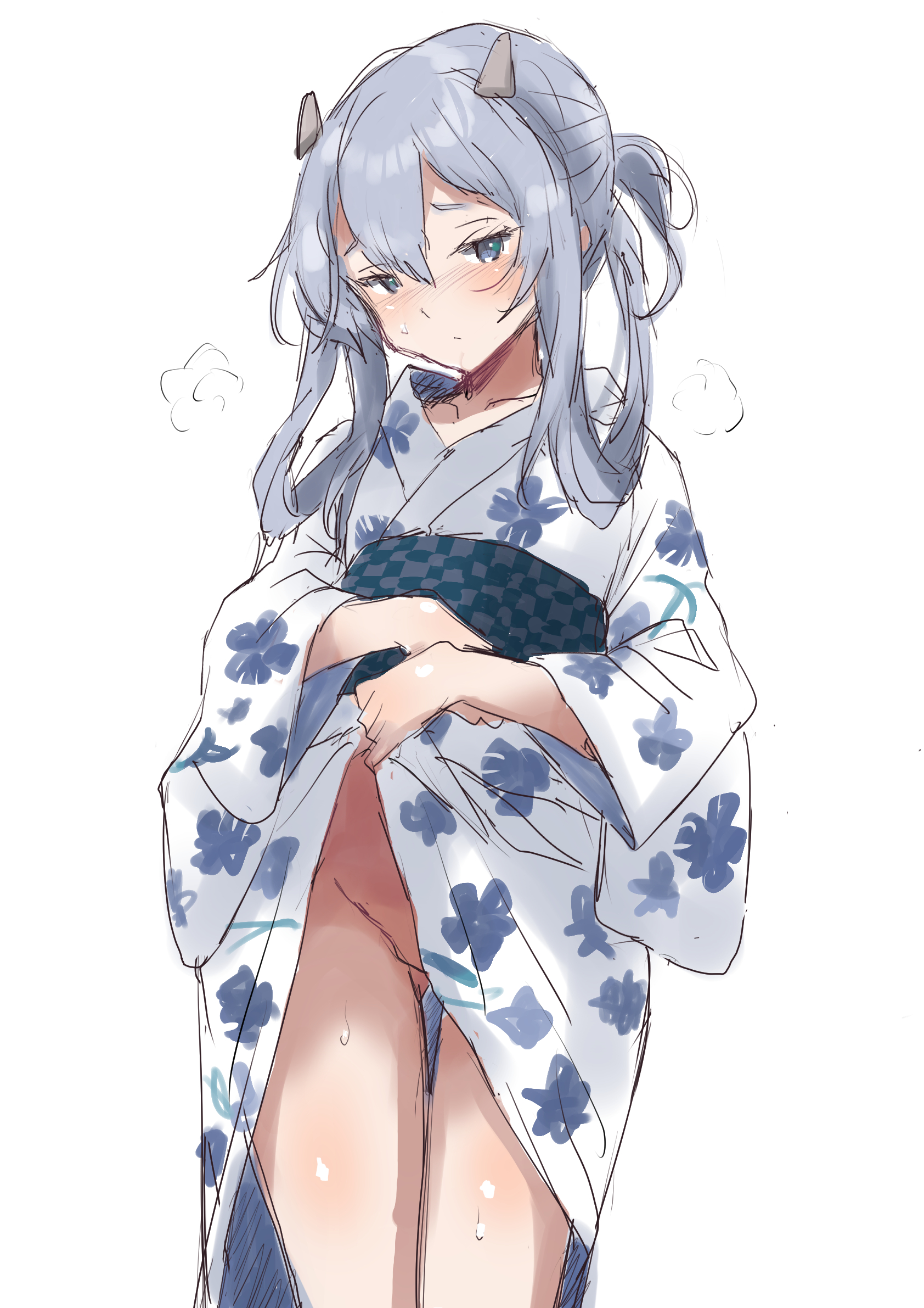 fuji (pixiv24804665), i-203 (kancolle), kantai collection, commentary request, highres, 1girl, blue eyes, clothes lift, floral print, japanese clothes, kimono, kimono lift, long hair, no panties, obi, sash, simple background, sketch, solo, white background, white kimono, yukata