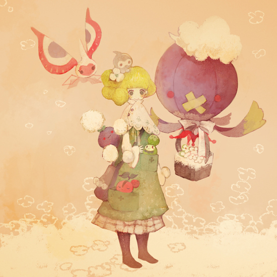 pechika, budew, castform, castform (normal), cherubi, drifblim, jumpluff, masquerain, nintendo, pokemon, blonde hair, boots, dress, flower, gen 2 pokemon, gen 3 pokemon, gen 4 pokemon, on head, pokemon (creature), pokemon on head, ribbon, short hair
