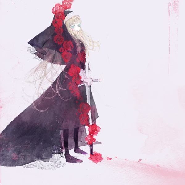 pechika, beatmania iidx, bemani, bad id, bad pixiv id, black dress, blonde hair, blue eyes, dress, flower, long hair, nun, pantyhose, rose, solo, sword, traditional nun, weapon