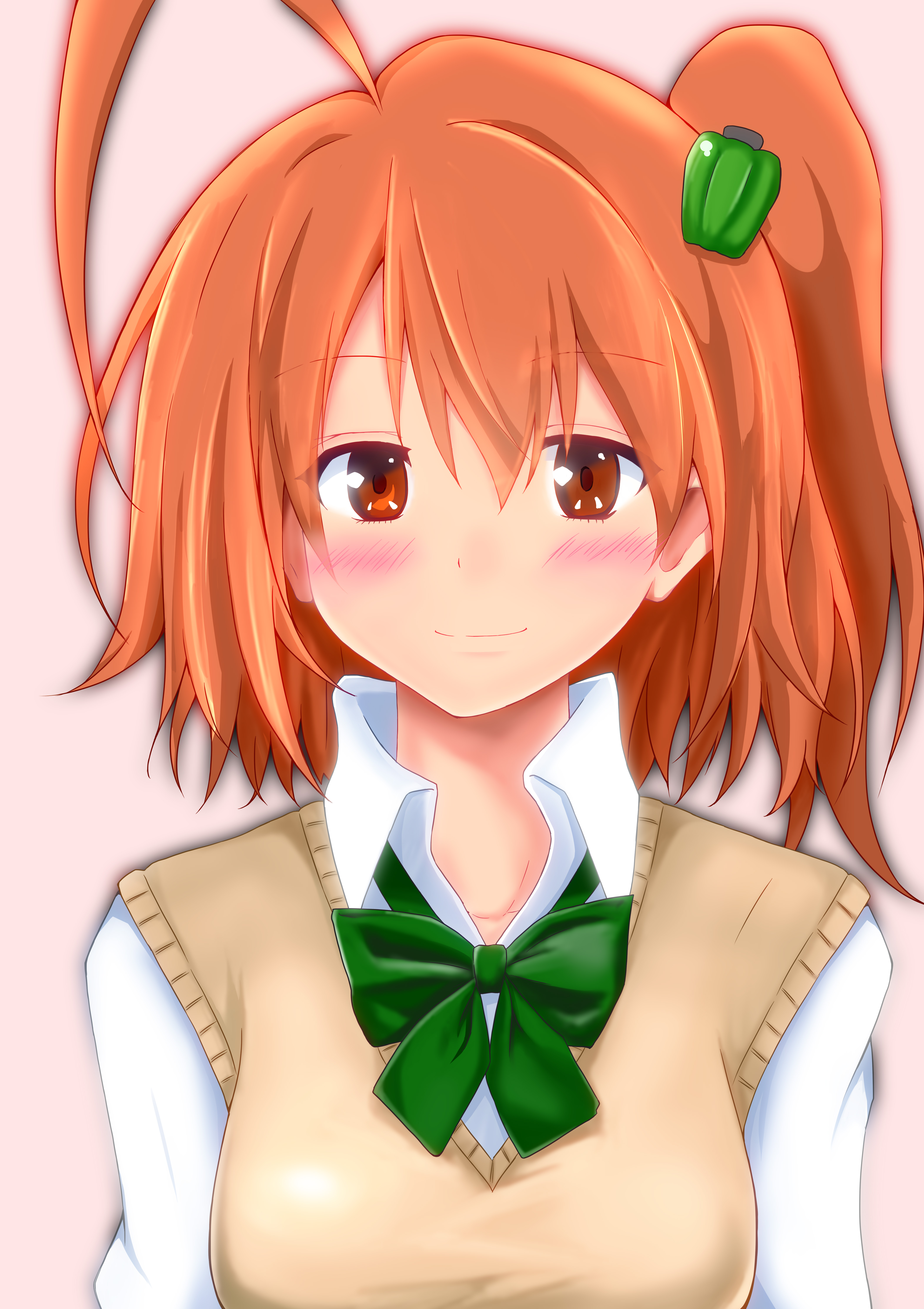 1girl, bow, brown eyes, brown hair, green bow, pink background, side ponytail