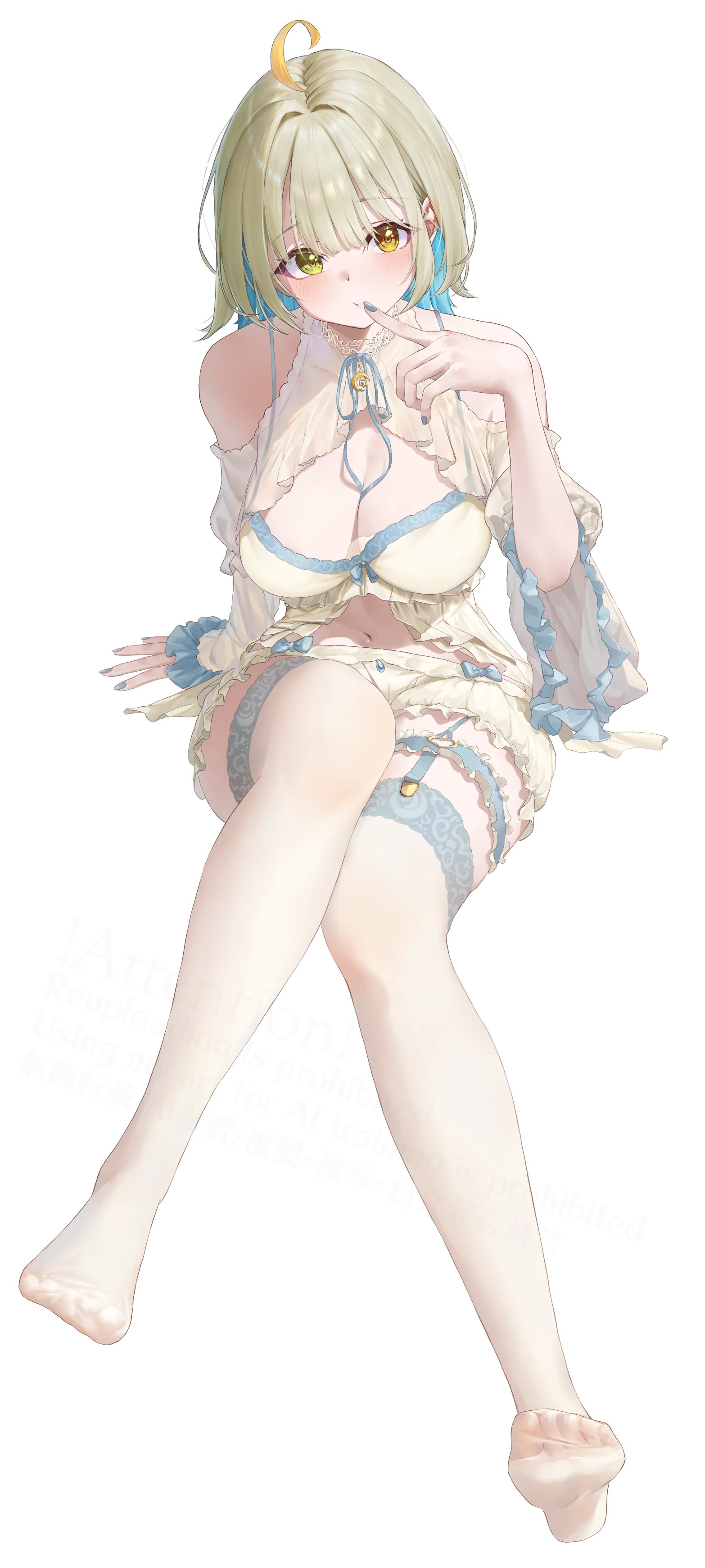 mugi maccha, indie virtual youtuber, absurdres, highres, 1girl, ahoge, bare shoulders, blonde hair, blue hair, breasts, cleavage, closed mouth, clothing cutout, colored inner hair, feet, full body, hand up, index finger raised, large breasts, legwear garter, long sleeves, multicolored hair, navel, no shoes, short hair, shoulder cutout, simple background, solo, thighhighs, tsukinose kikito, virtual youtuber, white background, white thighhighs, yellow eyes
