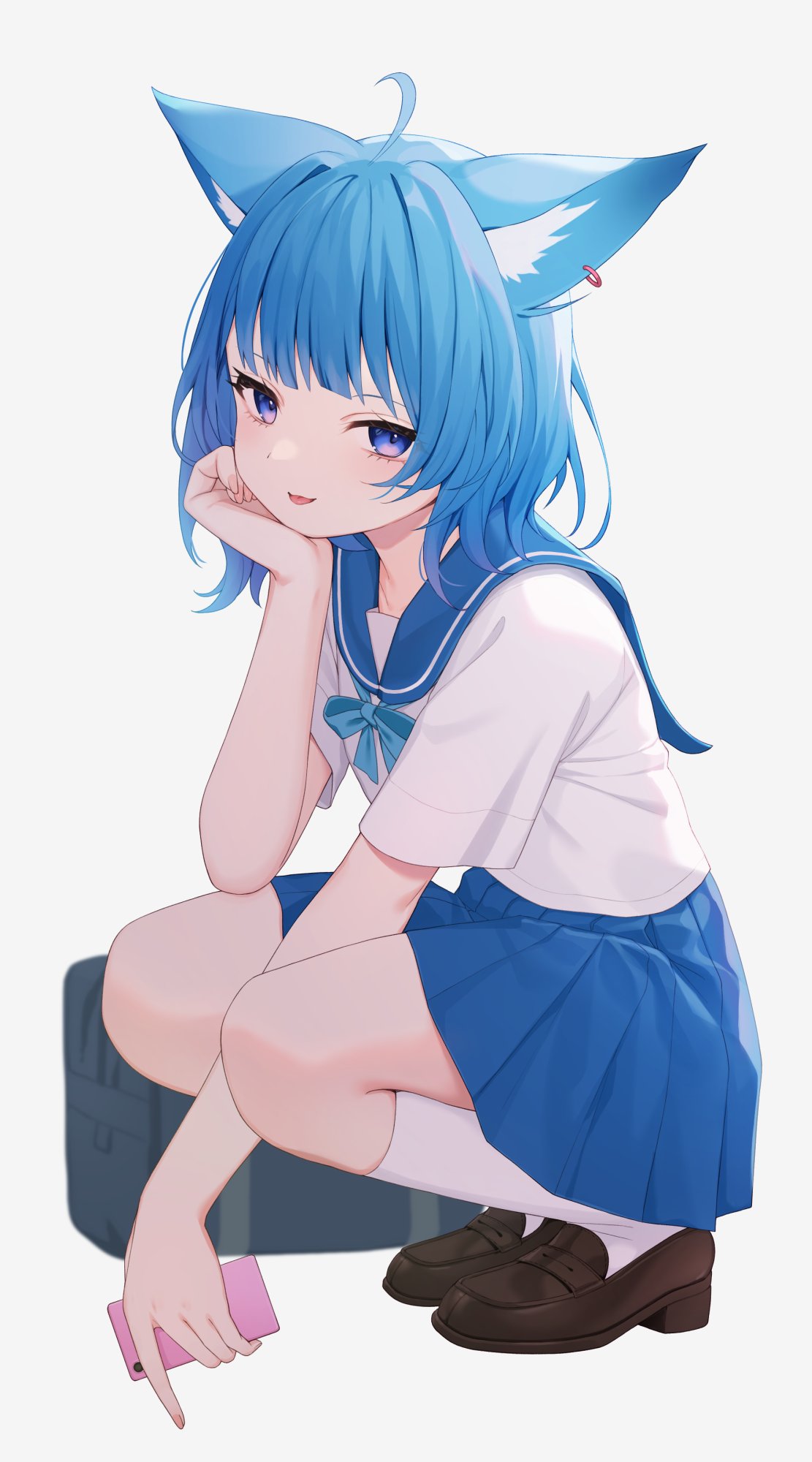 nishino eri, souya ichika, nanashi inc., hashtag-only commentary, highres, 1girl, ahoge, animal ears, bag, blue eyes, blue hair, blue sailor collar, blue skirt, bow, bowtie, brown shoes, cat ears, head rest, loafers, looking at viewer, medium hair, pleated skirt, sailor collar, school bag, school uniform, serafuku, shirt, shoes, short sleeves, skirt, socks, solo, squatting, tongue, tongue out, virtual youtuber, white shirt, white socks
