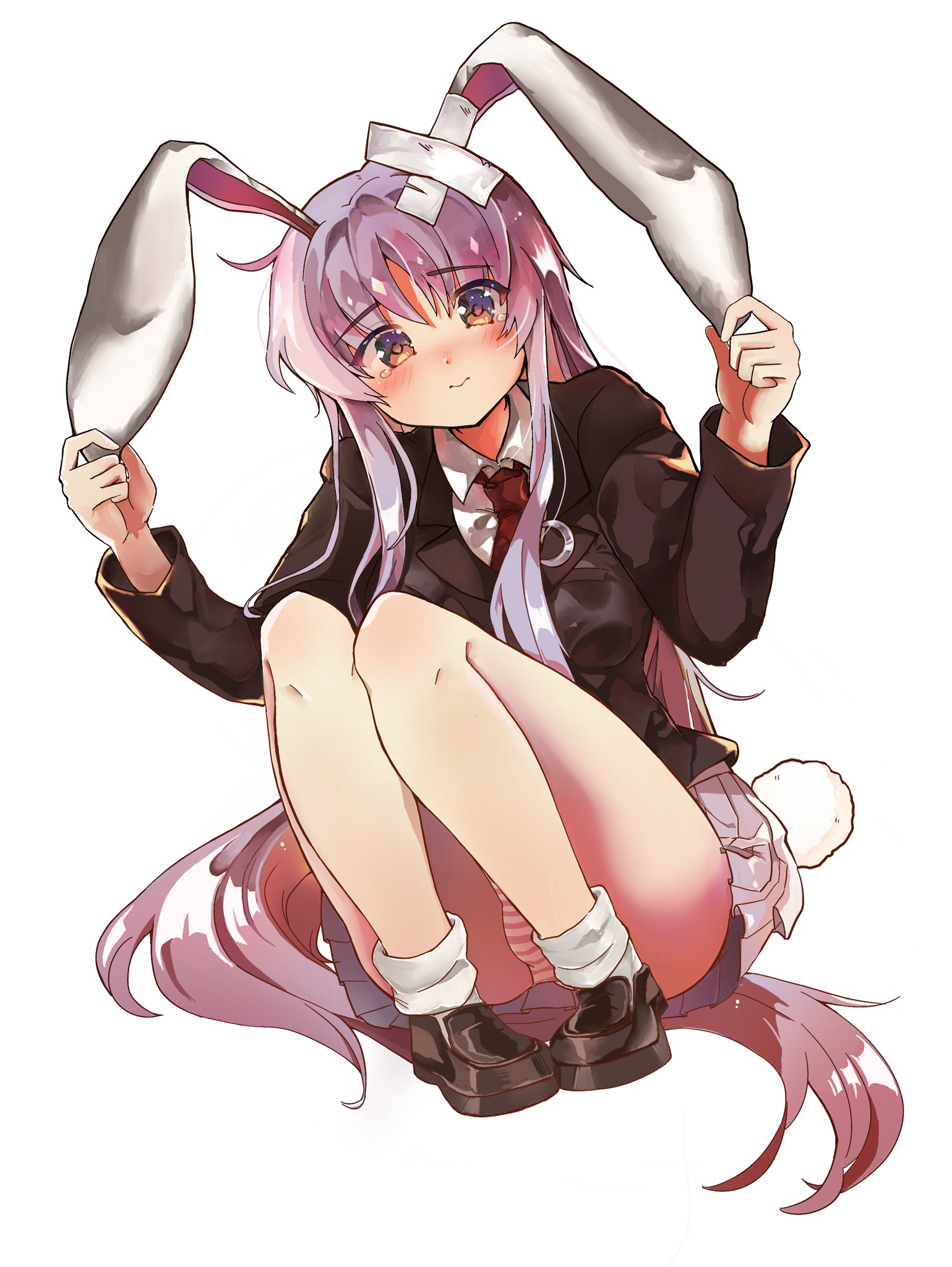 reisen udongein inaba, touhou, highres, 1girl, agedashi, animal ears, bandaid, blush, breasts, jacket, long hair, long sleeves, looking at viewer, necktie, open mouth, panties, purple hair, rabbit ears, red eyes, red necktie, shirt, short hair, skirt, smile, solo, underwear, very long hair
